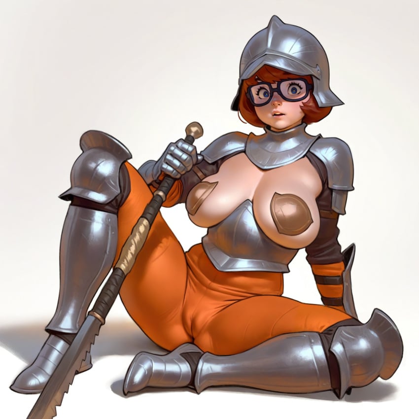 1girls 2024 ai_assisted alternate_costume armor armored_boots armored_female armored_gloves blue_eyes breasts brown_hair cameltoe exposed_breasts glasses greaves helmet hi_res holding_weapon large_breasts medieval nipple_stickers pants pasties pauldrons scooby-doo short_hair sitting solo spread_legs unconvincing_armor velma_dinkley weapon wheel_of_fortune_(director) white_background