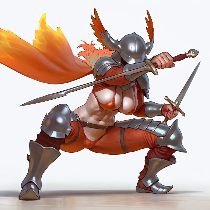 2024 action_pose ai_assisted alternate_costume armor belt bikini bracers cape crouching dagger dual_wielding fire greaves groin helmet hi_res holding_weapon hololive hololive_english hololive_myth large_breasts long_hair medieval midriff multicolored_hair orange_hair pauldrons shaded_face sword takanashi_kiara unconvincing_armor wheel_of_fortune_(director) white_background