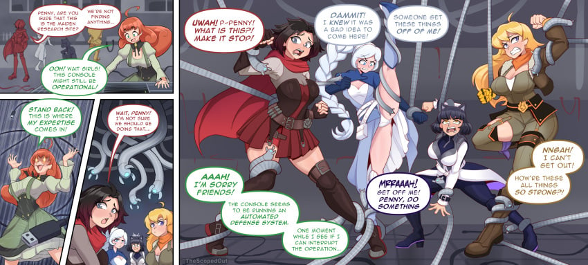 blake_belladonna bondage comic dialogue femsub penny_polendina ruby_rose rwby scopedout speech_bubble team_rwby tech_control tentacle text transformation weiss_schnee yang_xiao_long