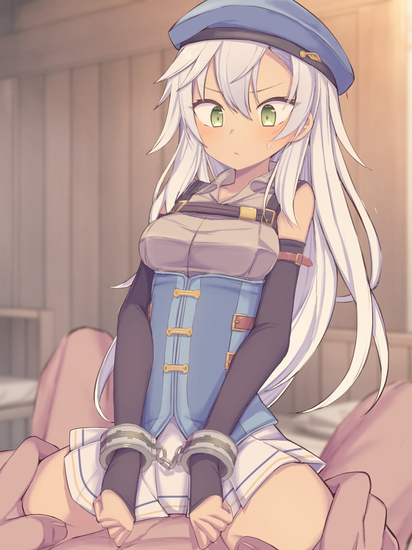 1boy absurdres beret black_sleeves blue_hat blush bound bound_wrists breasts closed_mouth commentary_request cuffs detached_sleeves eiyuu_densetsu female fie_claussell green_eyes handcuffs hat highres implied_sex indoors konnyakugozen kuro_no_kiseki_(series) kuro_no_kiseki_i long_hair medium_breasts pleated_skirt skirt straight sweat v-shaped_eyebrows white_hair white_skirt