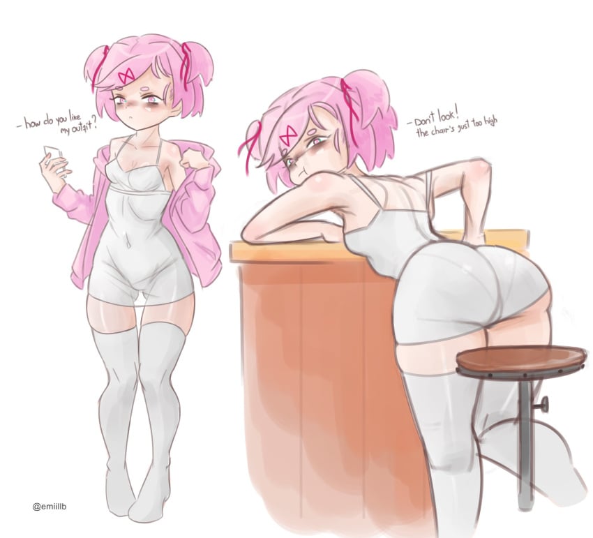 1girls absolute_territory bending_over bent_over doki_doki_literature_club emiillb female female_only from_behind human looking_at_viewer looking_back looking_back_at_viewer natsuki_(doki_doki_literature_club) solo text