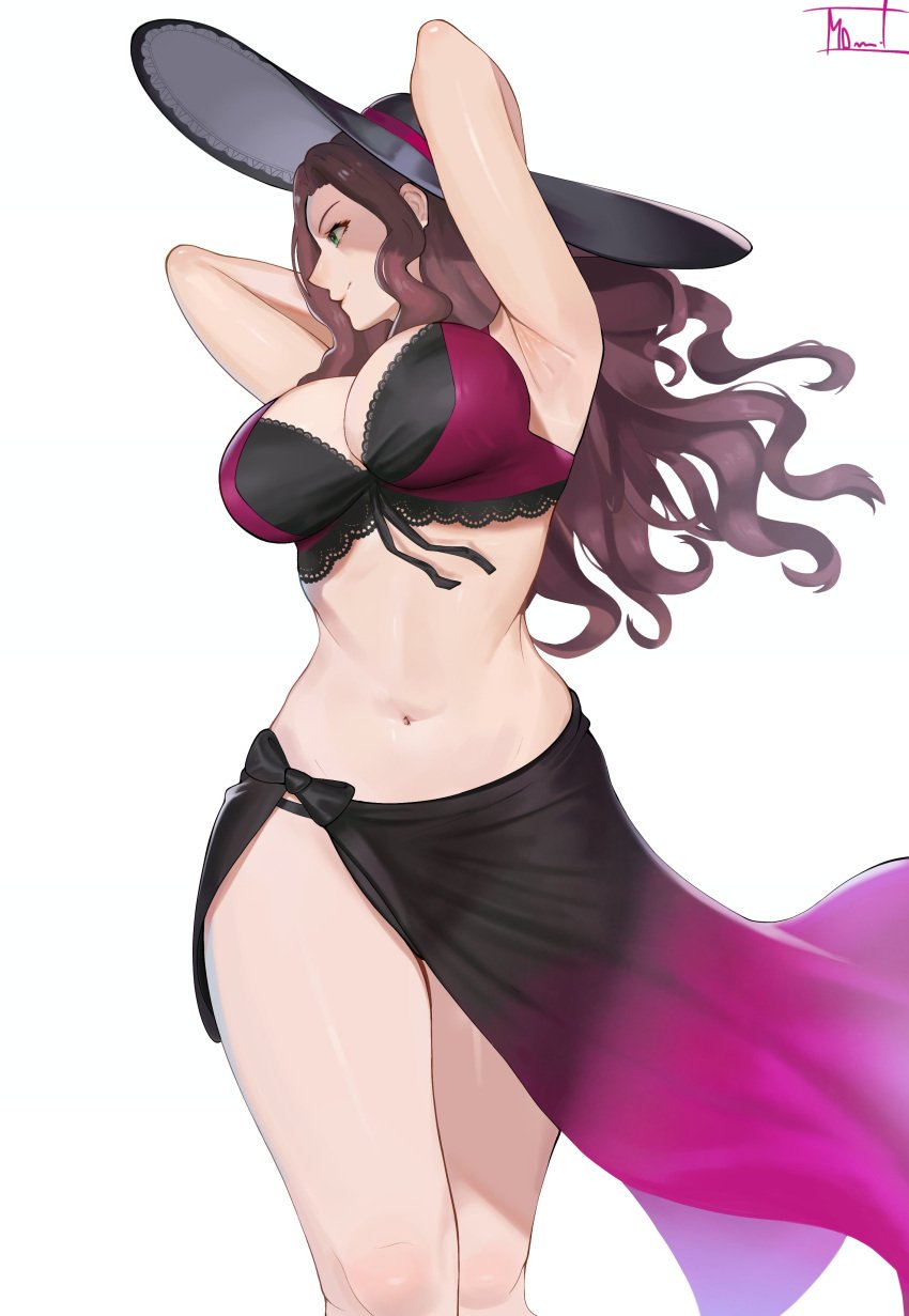 1girls absurdres armpits arms_behind_head arms_up big_breasts bikini black_bikini breasts brown_hair cleavage dorothea_arnault dorothea_arnault_(summer) female fire_emblem fire_emblem:_three_houses fire_emblem_heroes green_eyes hat highres huge_breasts jpeg long_hair looking_to_the_side magdalenus27 navel nintendo official_alternate_costume sarong smile solo sun_hat swimsuit