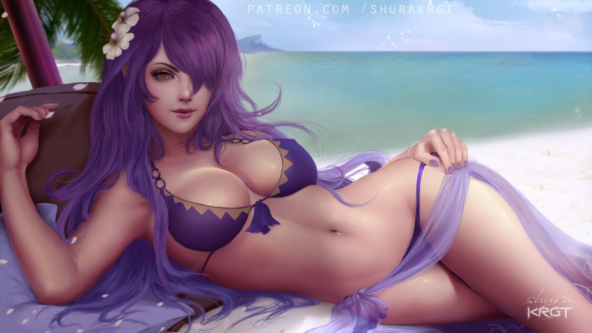 beach bikini breasts camilla_(fire_emblem) camilla_(summer)_(fire_emblem) cleavage female female_only fire_emblem fire_emblem_fates fire_emblem_heroes looking_at_viewer shurakrgt solo