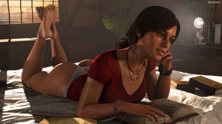 3d ass barefoot bomyman chloe_frazer clothing female female_only no_pants on_bed panties solo uncharted