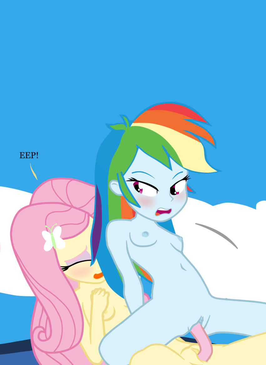 cloppyhooves double_dildo equestria_girls flutterdash fluttershy_(eg) fluttershy_(mlp) my_little_pony rainbow_dash_(eg) rainbow_dash_(mlp) straight_hair yuri