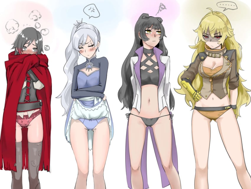 4girls angry annoyed black_hair black_panties blake_belladonna blake_belladonna_(mystral) blonde_hair blue_panties blush breasts cape cat_ears cleavage closed_eyes clothed clothing crop_top embarrassed faunus female female_only highres human lineup long_hair looking_away multiple_girls mystral_outfit panties ponytail prosthetic prosthetic_arm red_eyes robotic_arm ruby_rose ruby_rose_(mystral) rwby shureibusi shy side-tie_panties silver_eyes skirt_lift standing take_your_pick team_rwby thighhighs weiss_schnee weiss_schnee_(mystral) white_hair yang_xiao_long yang_xiao_long_(mystral) yellow_eyes yellow_panties