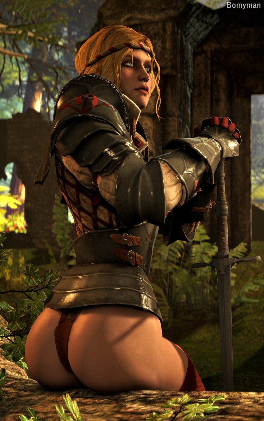 3d armor ass blonde_hair bomyman cd_projekt_red female female_only panties saskia solo sword the_witcher_(series) the_witcher_2