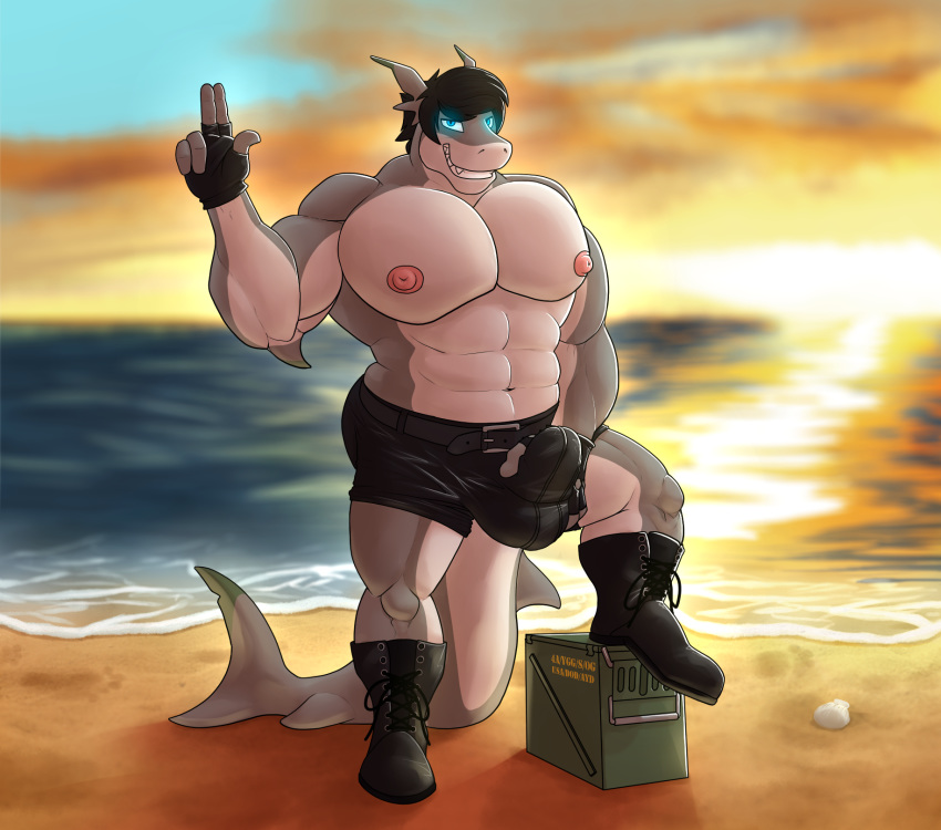 2018 5_fingers ammo_box anthro balls_outline beach big_bulge big_pecs black_hair blue_eyes blurred_background boots bulge clothed clothing drakians fish fluffysnowmeow footwear front_view glowing glowing_eyes grin hair hi_res holding_penis huge_pecs looking_at_viewer male male_only marine muscular muscular_male navel nipples outside pecs penis penis_outline seashell seaside shark smile solo standing topless water