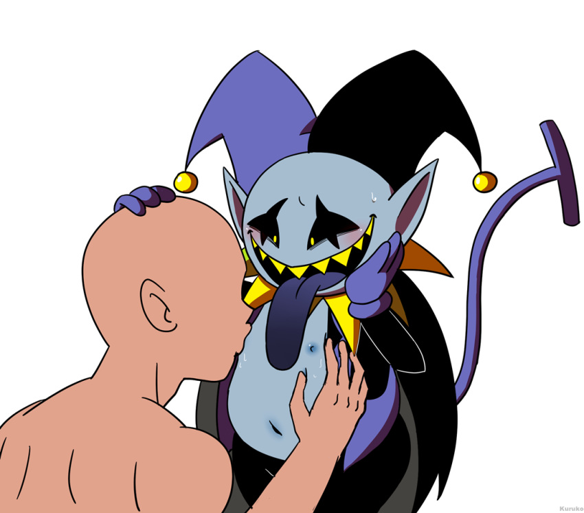 areola bald blush cape clothed clothing deltarune faceless_male hand_on_body hand_on_head hat headgear heart humanoid imp jester jevil_(deltarune) kuruko looking_down looking_pleasured male mostly_nude navel nipple_suck nipple_sucking nipples nude open_mouth pants pointy_ears sharp_teeth shirt slightly_chubby smile standing sweat teeth tongue tongue_out video_games yaoi yellow_eyes