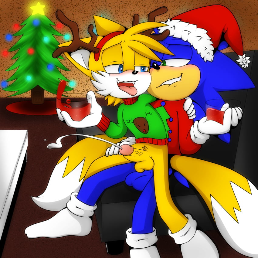 alcohol amatsucat anal anal_sex anthro arm_around_shoulders balls beverage biting_lip blue_eyes blue_fur blush bottomless canine chair_position christmas christmas_lights christmas_tree clothed clothed_sex clothing cum dipstick_tail duo ejaculation erection eulipotyphlan fake_antlers fox from_behind_position fur gay green_eyes hairband half-closed_eyes happy happy_sex hat hedgehog hi_res holding_glass holding_object holidays interspecies legwear male mammal multi_tail multicolored_fur multicolored_tail on_couch open_mouth orgasm penetration rudolph_the_red-nosed_reindeer santa_hat sex sitting socks sonic_(series) sonic_the_hedgehog sweater tails tongue tongue_out tree two_tone_fur white_fur wine yaoi yellow_fur