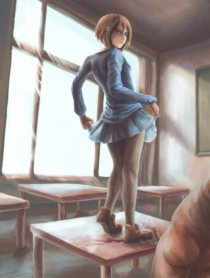 ballbusting brown_hair castration ccrack clothing crotch_kick cum cum_on_body cum_on_lower_body femdom foreskin hair_ornament highres holding_skirt human human_only k-on! looking_down penis school_uniform skirt tamakeri uncut yui_hirasawa_(k-on!)