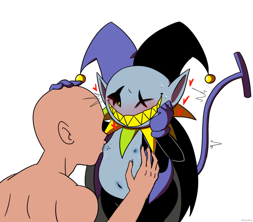 areola bald blush cape clothed clothing deltarune faceless_male hand_on_body hand_on_head hat headgear heart humanoid imp jester jevil_(deltarune) kuruko looking_down looking_pleasured male mostly_nude navel nipple_suck nipple_sucking nipples nude one_eye_closed pants pointy_ears sharp_teeth shirt slightly_chubby smile standing sweat teeth video_games yaoi yellow_eyes