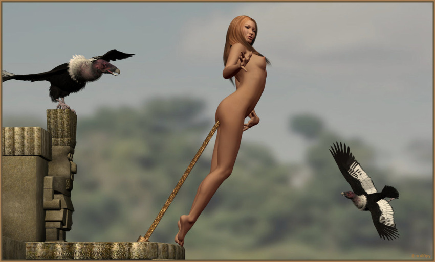 3d closed_eyes female impalement nude tiptoes vultures