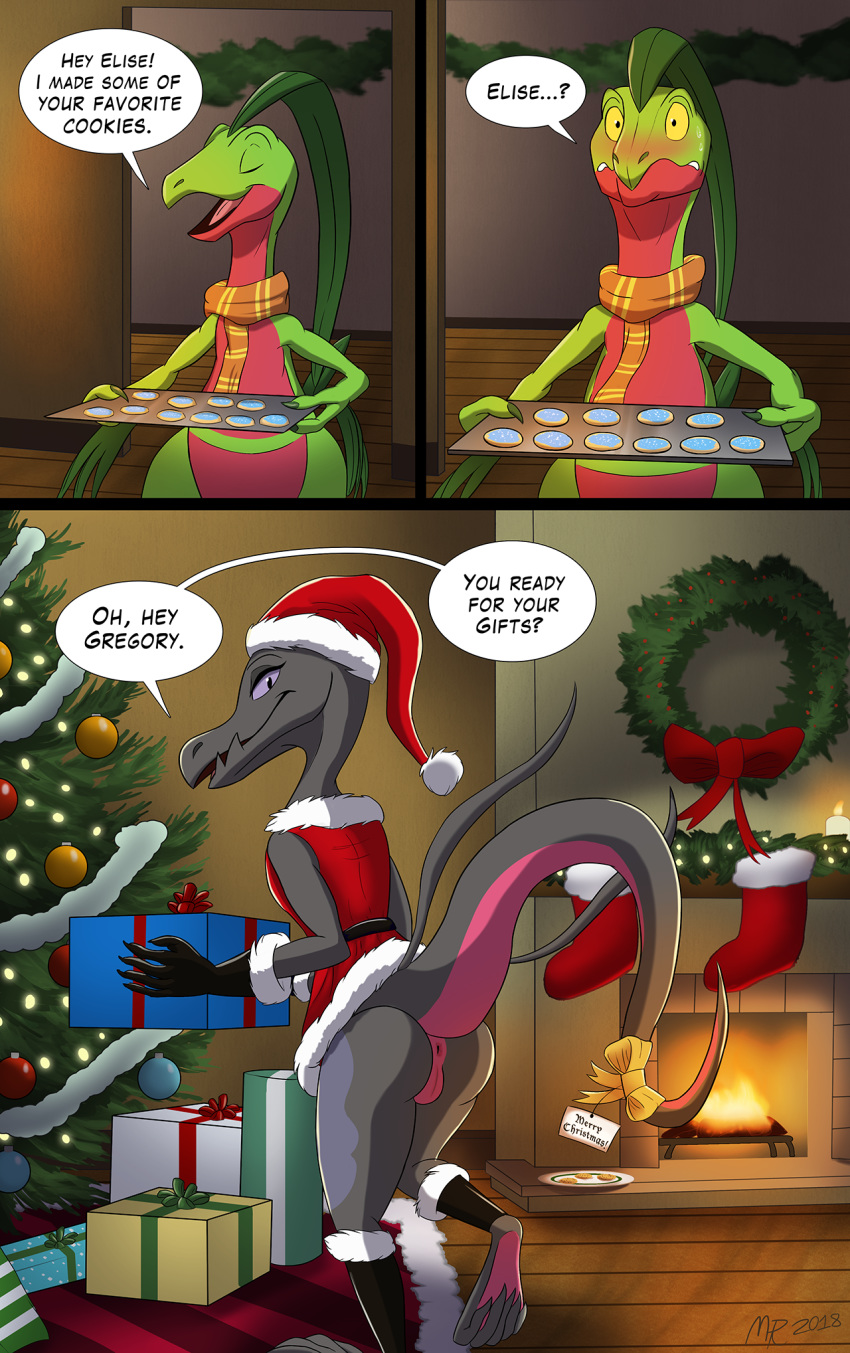 1girls 2018 ambiguous_gender ass bent_over black_eyes blush bow christmas claws clothing comic cookie decorations duo eyelashes feet female fingers fire fireplace food gift green_skin gregory grey_skin grovyle hat holding holidays inside leg_up lights living long_toes male mightyraptor nintendo nude original_character pink_skin pokémon_(species) pokemon pokemon_(species) pokemon_rse pokemon_sm present presenting purple_sclera purple_skin pussy red_skin salazzle scalie smile soles surprised tail text thick_thighs thin_waist toes tree video_games watermark wide_hips yellow_sclera