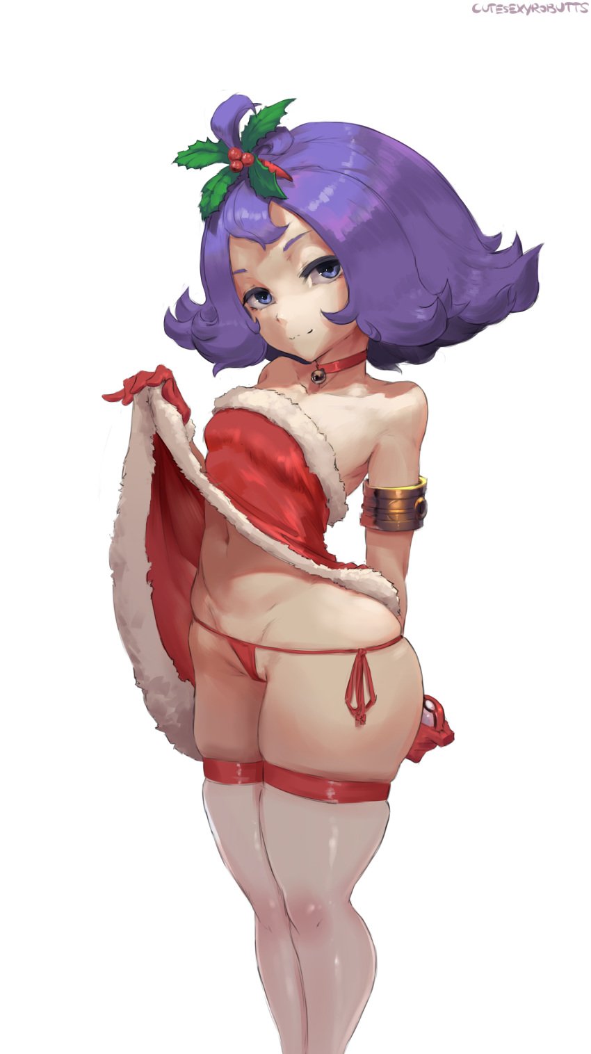 1girls :3 acerola_(pokemon) arm_behind_back ass bare_shoulders bell belly bracelet breasts choker christmas cutesexyrobutts dress dress_lift elite_four female female_only half-closed_eyes highres holding human human_only innie_pussy looking_at_viewer mistletoe navel nintendo panties poke_ball pokemon pokemon_sm purple_eyes purple_hair red_panties side-tie_panties skindentation small_breasts smile standing text thick_thighs thighhighs thong trial_captain trial_captain url watermark white_background wide_hips