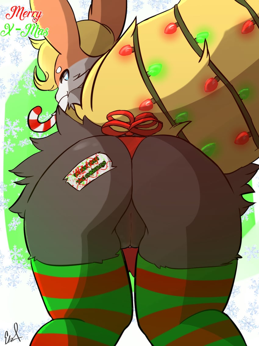 1girls anthro ass big_ass black_eyes blaketheflareon blaketheflareon_(character) braixen candy candy_cane canine christmas eeveelution female flareon food furry fusion holidays hybrid large_ass light looking_at_viewer looking_back mammal nintendo original_character pokémon_(species) pokemon pokemon_(species) pokemon_xy pussy signature solo tail text thick_thighs thigh_gap video_games watermark wide_hips wrapping