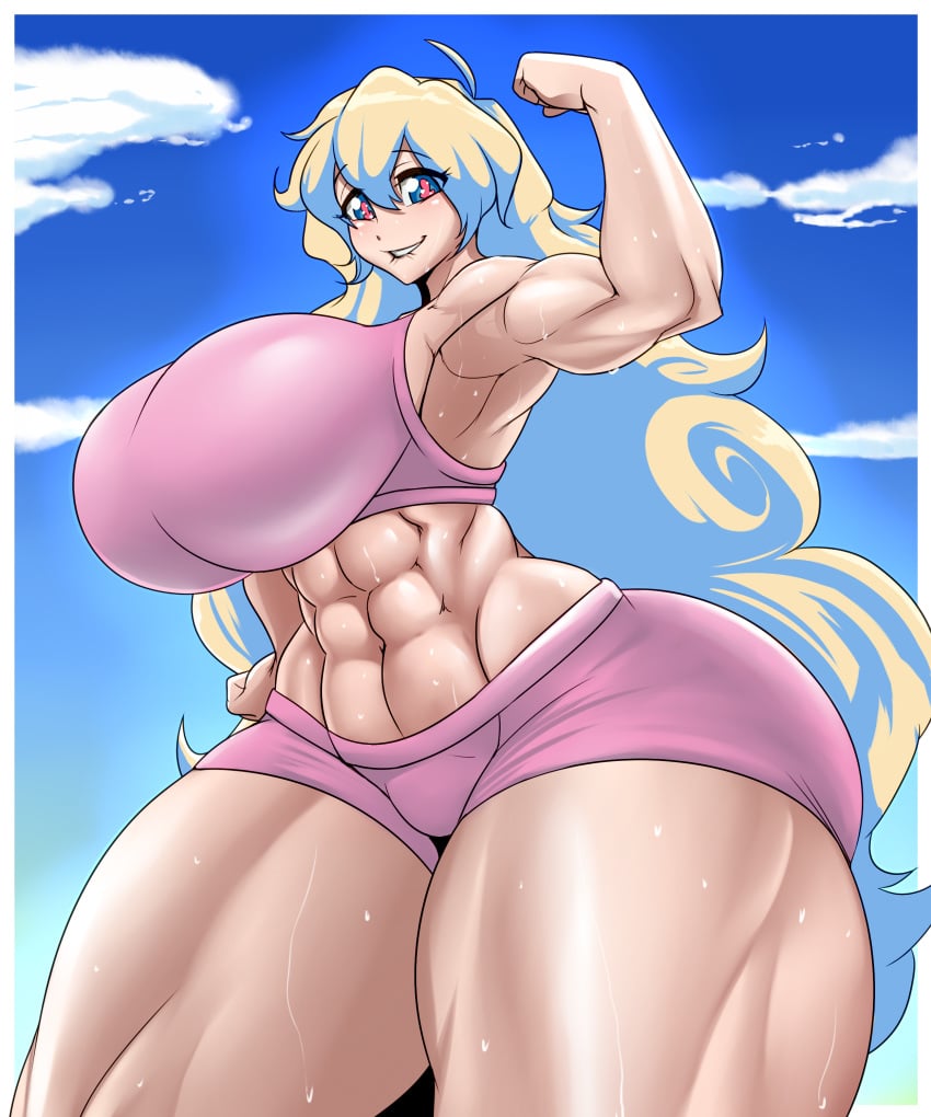 abs ahe_gao barefoot ber00 biting_lip clenched_teeth grin huge_ass huge_breasts muscular_female naughty_face nia_teppelin tengen_toppa_gurren_lagann thick_thighs