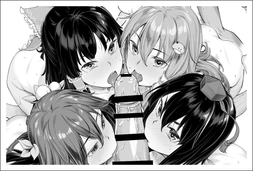 4girls ass bar_censor blush border bow censored collaborative_fellatio fellatio frog_hair_ornament glans_licking greyscale h_kasei hair_between_eyes hair_ornament hair_tubes hairbow hat highres just_the_tip kneeling licking_glans licking_penis long_hair looking_at_viewer monochrome multiple_boys multiple_fellatio multiple_girls nude oral penis penis_lick pov reimu_hakurei saliva sanae_kochiya shameimaru_aya sidelocks snake_hair_ornament sweat tassel teamwork tenshi_hinanawi tokin_hat tongue touhou