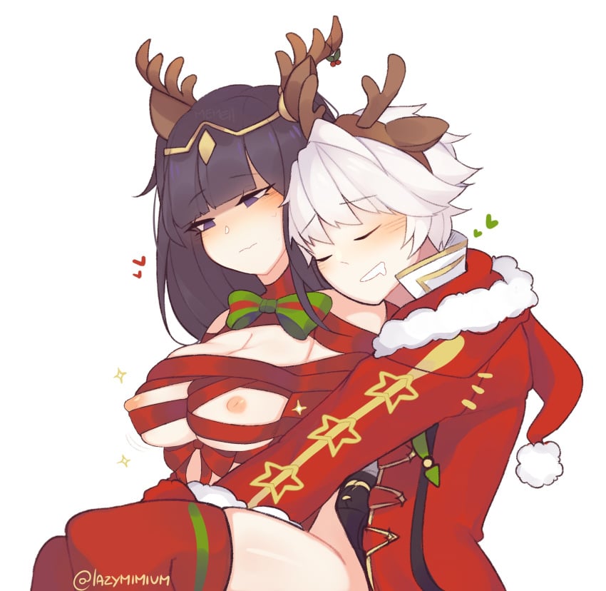 2d alternate_costume breasts christmas fire_emblem fire_emblem_awakening fire_emblem_heroes hug memeh nintendo ribbon robin_(fire_emblem) robin_(fire_emblem)_(male) tharja_(fire_emblem) tharja_(winter)_(fire_emblem) white_hair