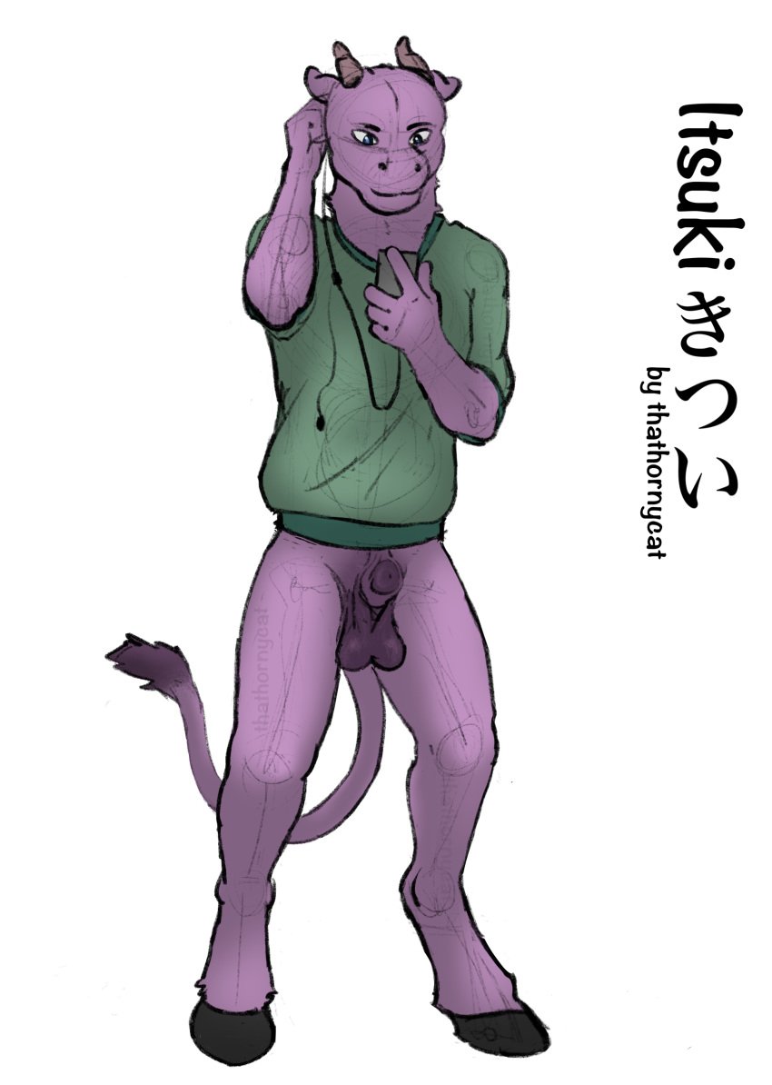 animal_genitalia animal_penis anthro balls colored fur furry furry_only horn invalid_tag itsuki_(いつき) male male_only outside penis phone pullover shaded simple_background solo standing thathornycat