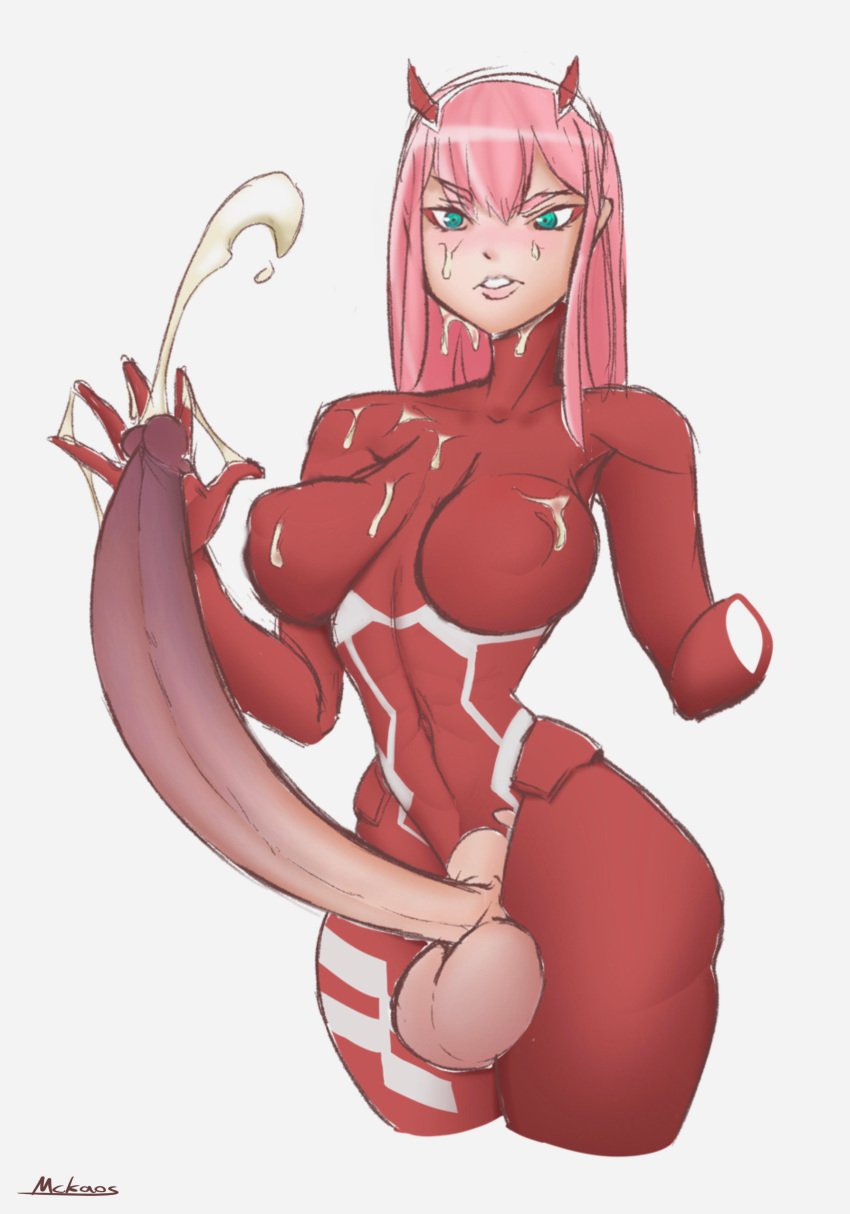 bent_over big_breasts cum darling_in_the_franxx dickgirl futa_only futanari intersex large_ass large_penis large_testicles mckaos mecha penis skin_tight spread_legs throbbing zero_two_(darling_in_the_franxx)