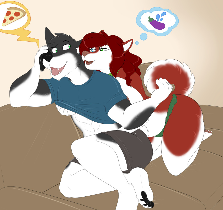 1boy 1girls abs anthro ass big_breasts breasts canine clothed collar feet female fur furry furry_only heterochromia husky male mammal muscular muscular_male nipples open_mouth roushfan5 simple_background straight tail