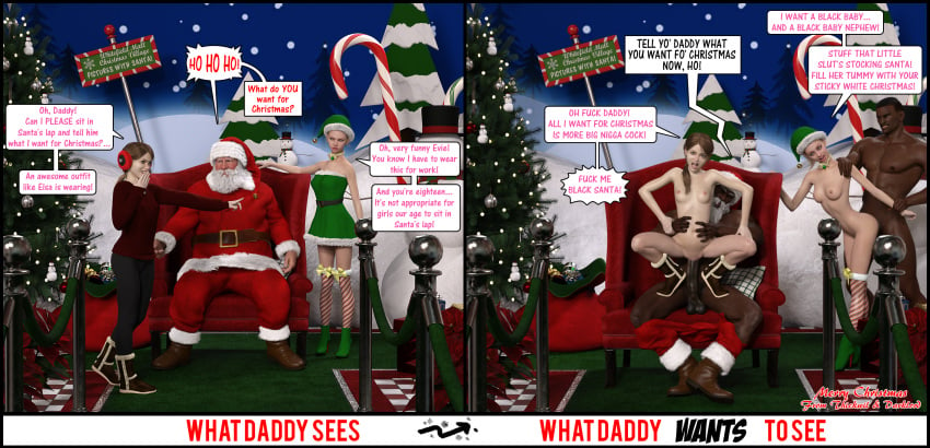 3d big_penis blonde_hair christmas dark-skinned_male dark_skin darklord daughter earmuffs elf english_text female interracial looking_at_viewer male pov santa_claus santa_costume straight text the_n_word vaginal_penetration