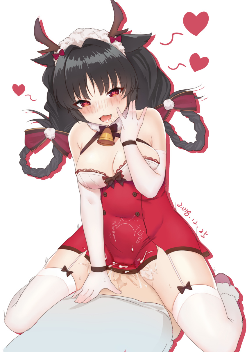 1boy 1girls absurdres antlers artist_request azur_lane bell black_hair blush braid breasts cleavage clothed_sex commentary_request covered_navel cowgirl_position cum dated elbow_gloves eyebrows_visible_through_hair female garter_straps gloves heart heart-shaped_pupils highres large_breasts light-skinned_female light-skinned_male light_skin nose_blush oerba_yun_fang ooshio_(azur_lane) ooshio_(the_reindeer's_present)_(azur_lane) open_mouth red_eyes reindeer_antlers sakura_empire_(azur_lane) sex simple_background symbol-shaped_pupils thighhighs twin_braids vaginal_penetration white_background white_gloves white_legwear