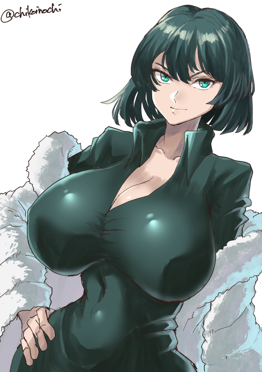 big_breasts bob_cut breasts busty chikoinochi child_bearing_hips clothed clothes curvaceous curves curvy curvy_body curvy_female curvy_figure fubuki_(one-punch_man) fully_clothed gigantic_breasts green_eyes green_hair hips huge_breasts large_breasts looking_at_viewer one-punch_man thin thin_waist wide_hips young