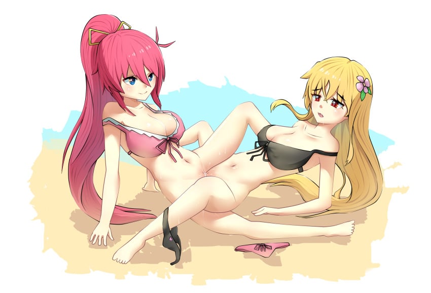 2girls bikini blonde_hair blue_eyes blush breasts fate_testarossa large_breasts lyrical_nanoha mahou_shoujo_lyrical_nanoha_strikers multiple_girls navel purple_hair pussy red_eyes signum swimsuit tribadism yuri