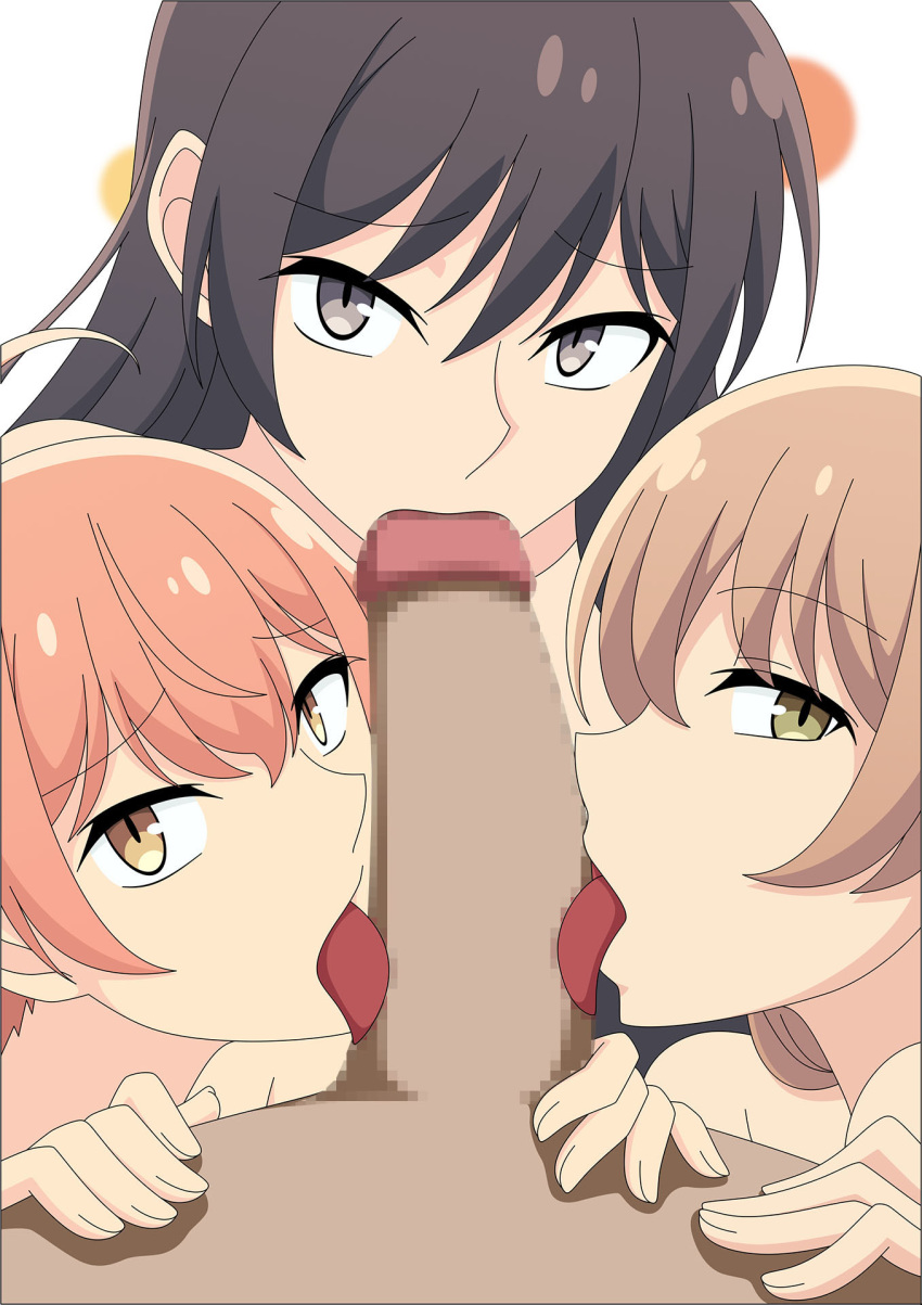 1boy 3girls atelier_gons censored collaborative_fellatio fellatio koito_yuu looking_at_viewer multiple_fellatio nanami_touko oral penis pov saeki_sayaka straight teamwork yagate_kimi_ni_naru