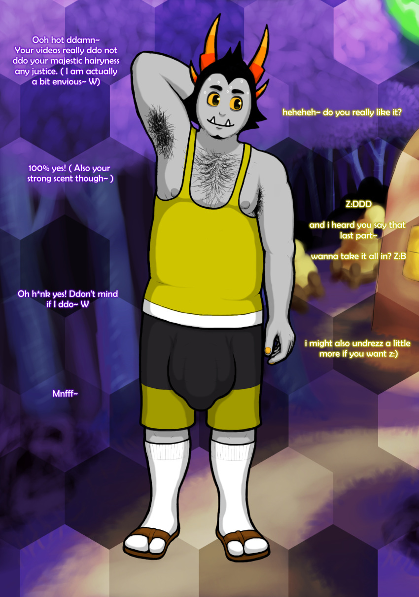 1boy aged_up armpit_hair black_hair body_hair bulge chest_hair clothing dialogue footwear grey_skin hairy hiveswap homestuck horns hyper legwear male male_focus male_only mintgears ms_paint_adventures sandals sharp_teeth short_hair slightly_chubby socks solo sweat sweat_stain text troll unseen_character yellow_eyes zebede_tongva