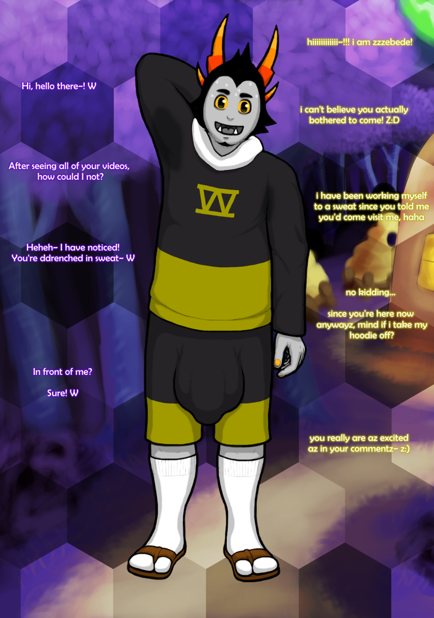 1boy aged_up black_hair bulge clothing dialogue footwear grey_skin hiveswap homestuck horns hyper legwear male male_focus male_only mintgears ms_paint_adventures sandals sharp_teeth short_hair slightly_chubby socks solo sweat sweat_stain text troll unseen_character yellow_eyes zebede_tongva