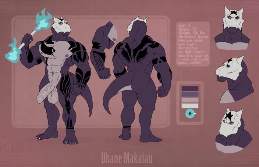 1boy abs alolan_marowak anklet anthro ass back biceps big_penis blue_eyes blue_fire claws clothing fire foreskin glans humanoid_penis jewelry kazushi looking_at_viewer male male_only marowak model_sheet muscular muscular_male necklace nintendo nipples nude original_character pecs penis pokémon_(species) pokemon pokemon_sm profile simple_background solo standing tattoo testicles text thick_penis thick_thighs toe_claws tribal uhane_makaiau uncut veins veiny_penis video_games watermark wide_hips