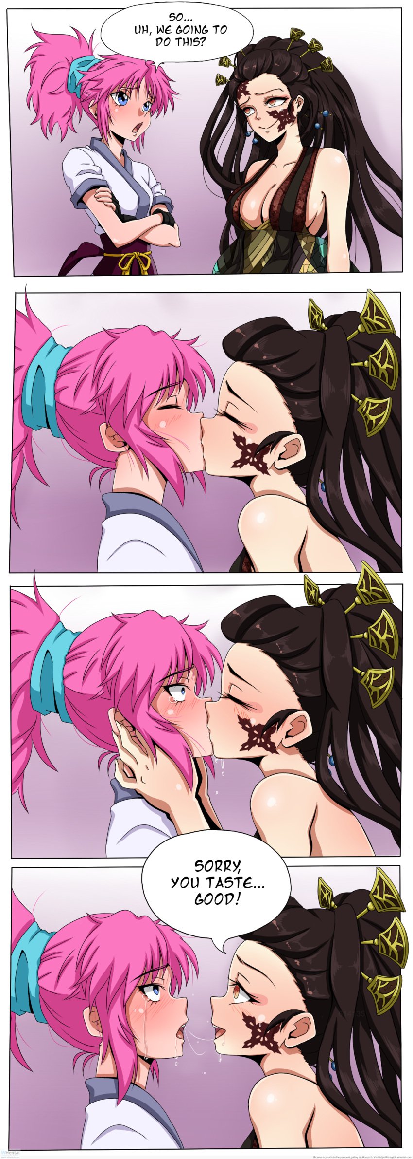 akimyich blue_eyes brunette closed_eyes daki_(kimetsu_no_yaiba) female female_only hunter_x_hunter kimetsu_no_yaiba kissing machi_komacine pink_hair saliva saliva_trail tattoo text tongue_kiss yuri