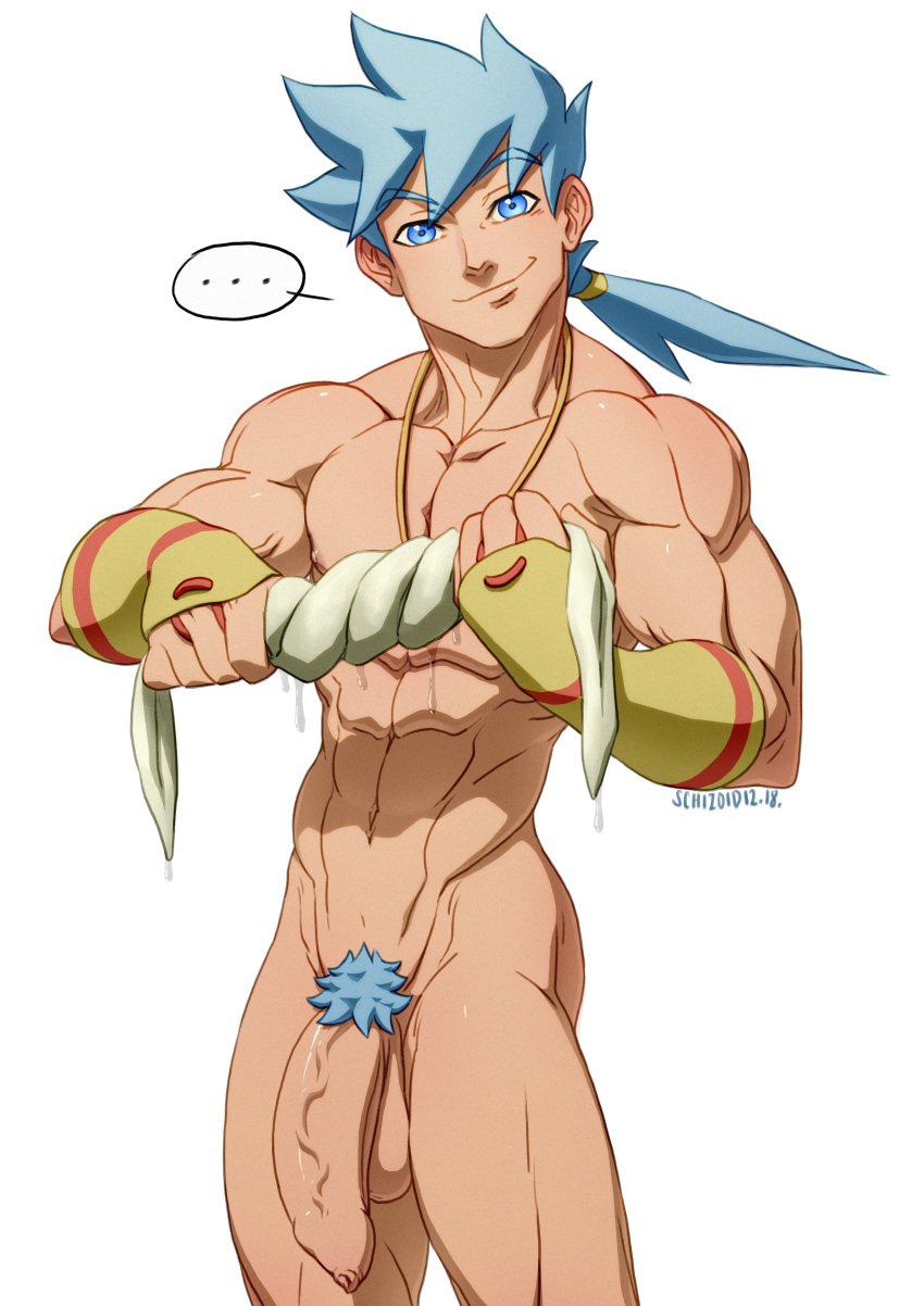 1boy abs balls big_penis blue_eyes blue_hair breath_of_fire breath_of_fire_iv capcom color colored eyebrows_raised flaccid foreskin grinning huge_cock long_foreskin male male_only muscles muscular muscular_male nude penis penis_vein pink_nipples pubic_hair ryuu_(breath_of_fire_iv) schizoid smile solo uncensored uncircumcised uncut white_skin yaoi