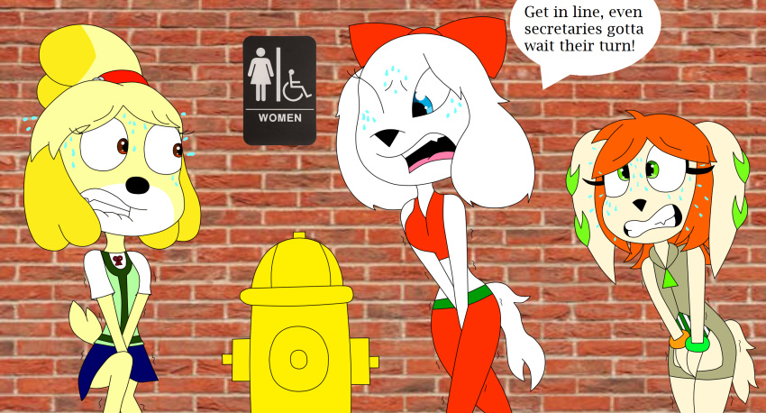 3girls alley animal_crossing anthro craftmywarpstar_(artist) dialogue dog english_text fay_spaniel fire_hydrant freedom_planet full_bladder furry hairbow isabelle_(animal_crossing) milla need_to_pee nintendo omorashi sign star_fox year_request