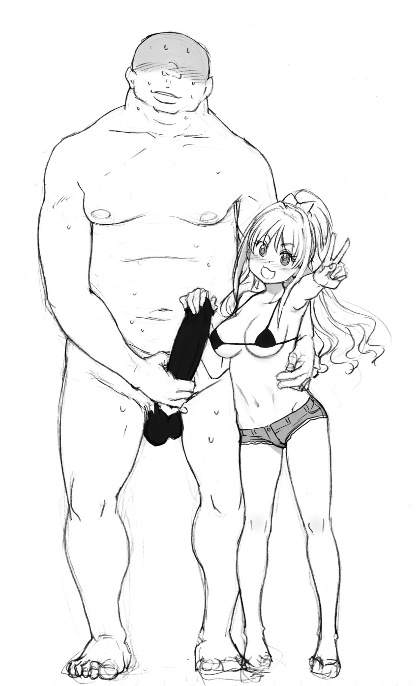 1boy 1girls absurdres big_penis bikini_top clothed_female_nude_male female highres long_hair male monochrome nude penis ponytail shiwasu_no_okina shorts size_difference smaller_female source_request