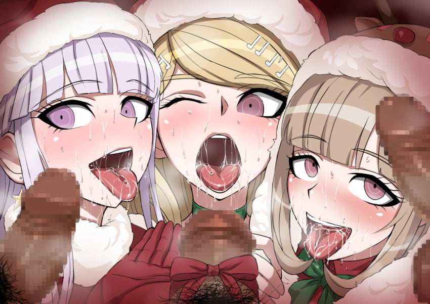 3boys 3girls akamatsu_kaede akizora alternate_costume animal_ears bangs blonde_hair blush bukkake censored commentary_request cum danganronpa danganronpa:_trigger_happy_havoc danganronpa_1 danganronpa_2:_goodbye_despair danganronpa_v3 dark-skinned_male earrings eyebrows_visible_through_hair eyelashes facial female flipped_hair green_neckwear green_ribbons grey_eyes hat jewelry kirigiri_kyouko kneeling light_blue_hair light_brown_hair light_skin long_hair looking_at_penis male multiple_boys multiple_girls musical_note nanami_chiaki new_danganronpa_v3 one_eye_closed open_mouth oral_invitation out_of_frame pale_skin penis pink_eyes pov pubic_hair purple_eyes red_ribbon reindeer reindeer_ears ribbon saliva saliva_drip saliva_string saliva_trail santa_costume santa_hat schoolgirl slim star star_earrings straight_hair super_danganronpa_2 sweat teenager teeth throat tongue tongue_out violet_eyes