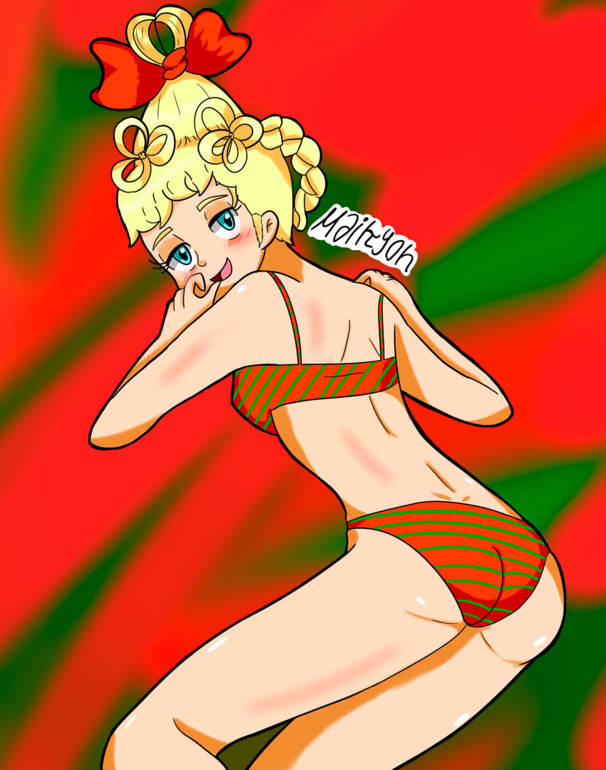 1girls aged_up ass bikini blonde_hair blue_eyes blush blushing christmas cindy_lou_who dr_seuss female female_only how_the_grinch_stole_christmas maikyoh medium_breasts open_mouth short_hair smile tied_hair