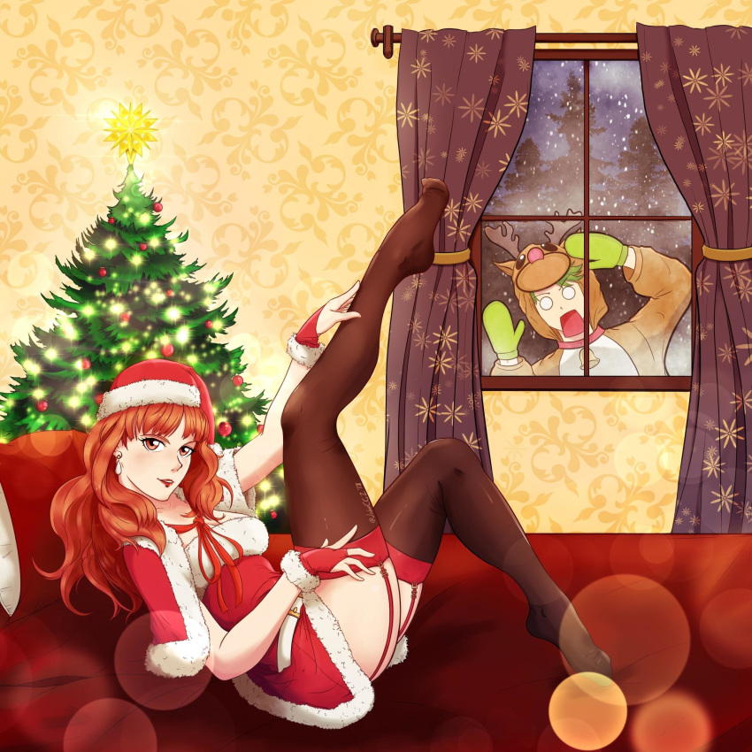 1boy 1girls absurd_res absurdres albein_alm_rudolf_ii alm_(fire_emblem) anthiese_lima ass background bare_arms breasts celica_(fire_emblem) christmas christmas_tree cleavage couch earrings female fire_emblem fire_emblem_echoes:_shadows_of_valentia fire_emblem_gaiden gloves highres johncgz legs legs_up lips lipstick long_hair looking_through_window nintendo pinup red_eyes red_hair reindeer_costume santa_costume santa_hat shocked smile snow stockings surprised thighhighs thighs yellow_background yuanreek