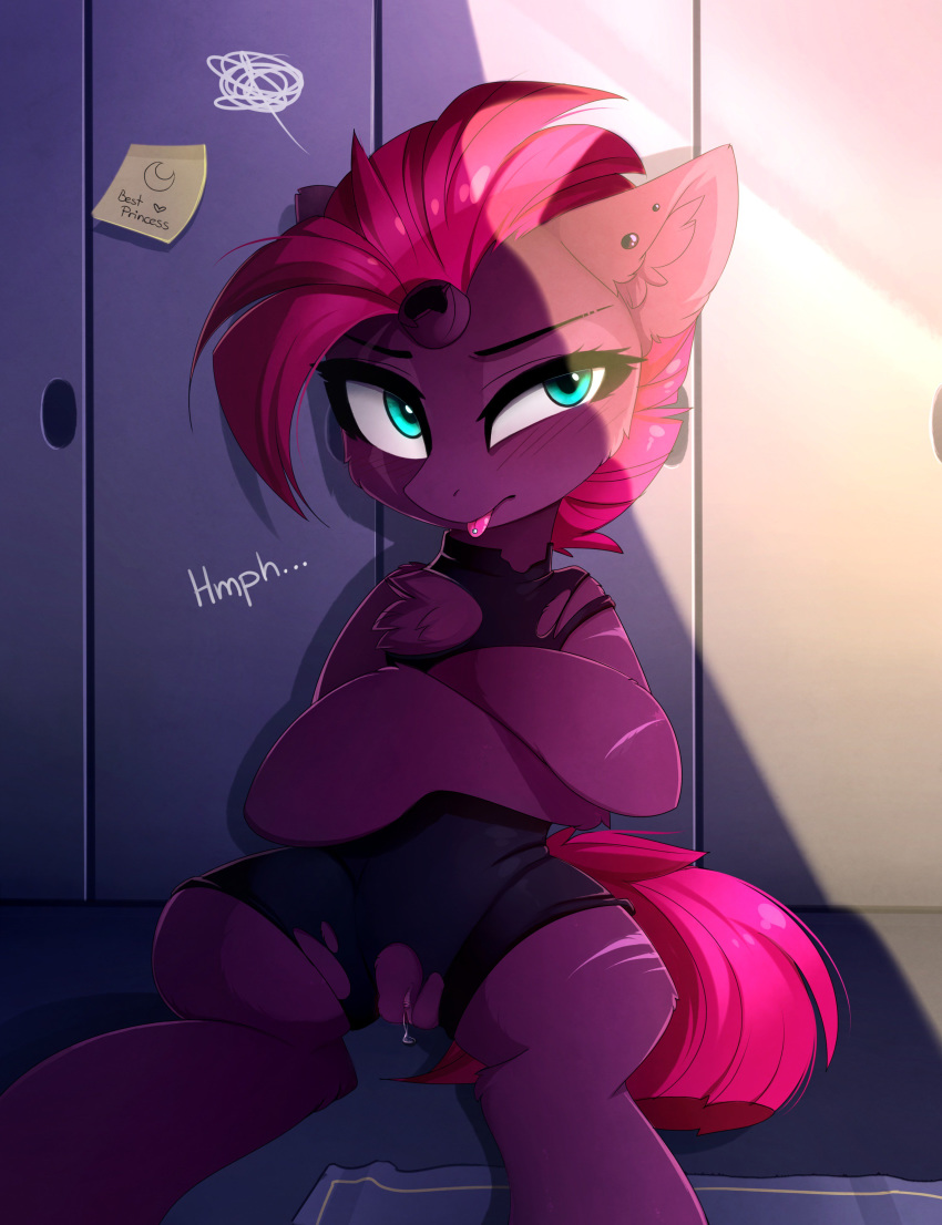 2018 broken_horn clitoris equine female feral hair hi_res horn looking_at_viewer magnaluna mammal my_little_pony my_little_pony_the_movie pussy scar sitting solo tempest_shadow_(mlp) tongue tongue_out unicorn