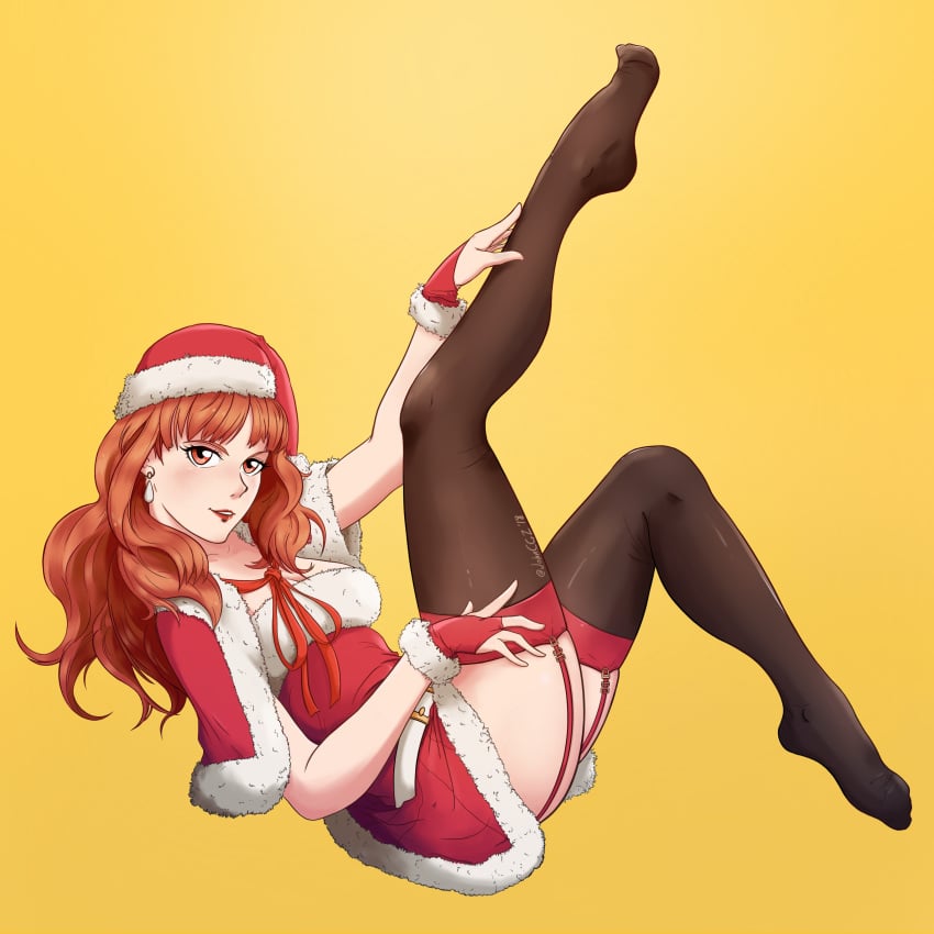 1girls absurd_res absurdres anthiese_lima ass bare_arms breasts celica_(fire_emblem) christmas cleavage earrings female female_only fire_emblem fire_emblem_echoes:_shadows_of_valentia fire_emblem_gaiden gloves highres johncgz legs legs_up lips lipstick long_hair nintendo pinup red_eyes red_hair santa_costume santa_hat simple_background smile solo stockings thighhighs thighs yellow_background yuanreek