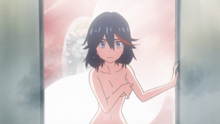 1girls 8:7 ambiguous_nudity breasts convenient_censoring covering covering_breasts female female_only highres kill_la_kill matoi_ryuuko multicolored_hair official official_art official_copyright screencap skinny solo steam white