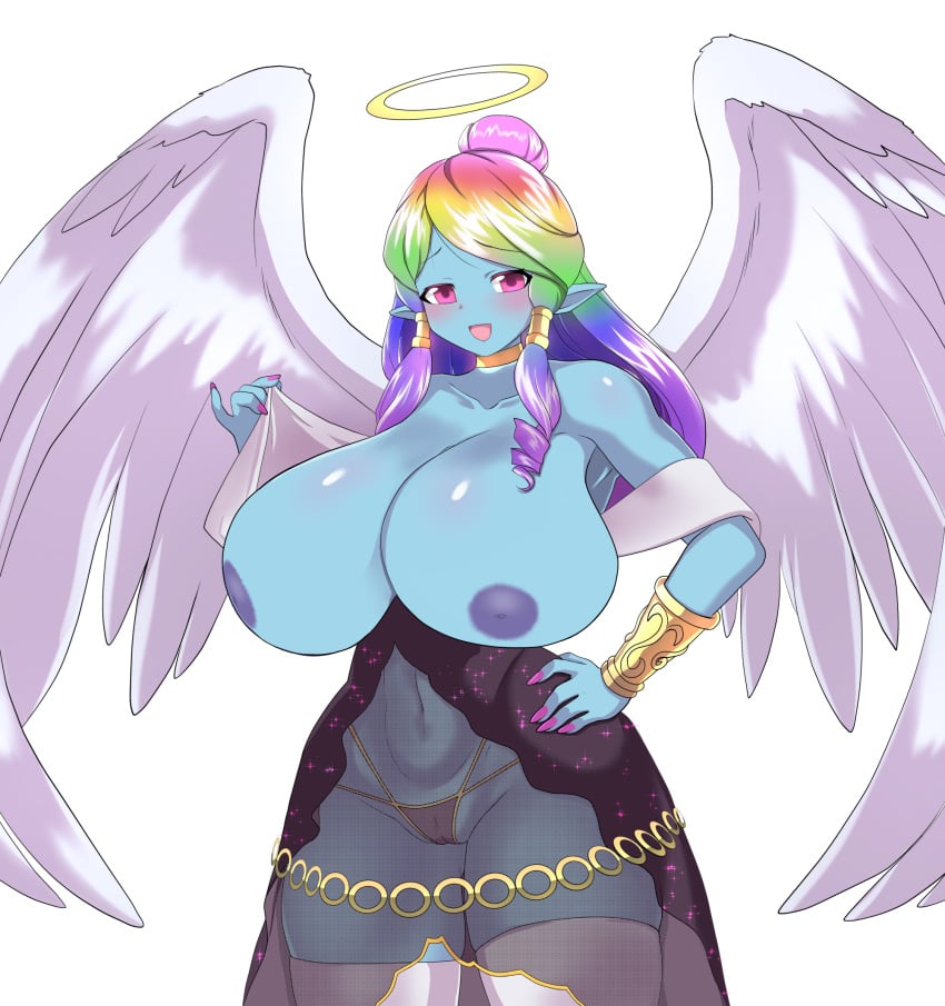 angel angel_wings big_breasts blue_skin bracelet cleavage dress eonbound female fur furry furry_only goddess halo huge_breasts jewelry large_breasts milf multicolored_hair nail_polish nails nipples phessian pointy_ears rainbow_hair see-through solo thong xaessya zetarok