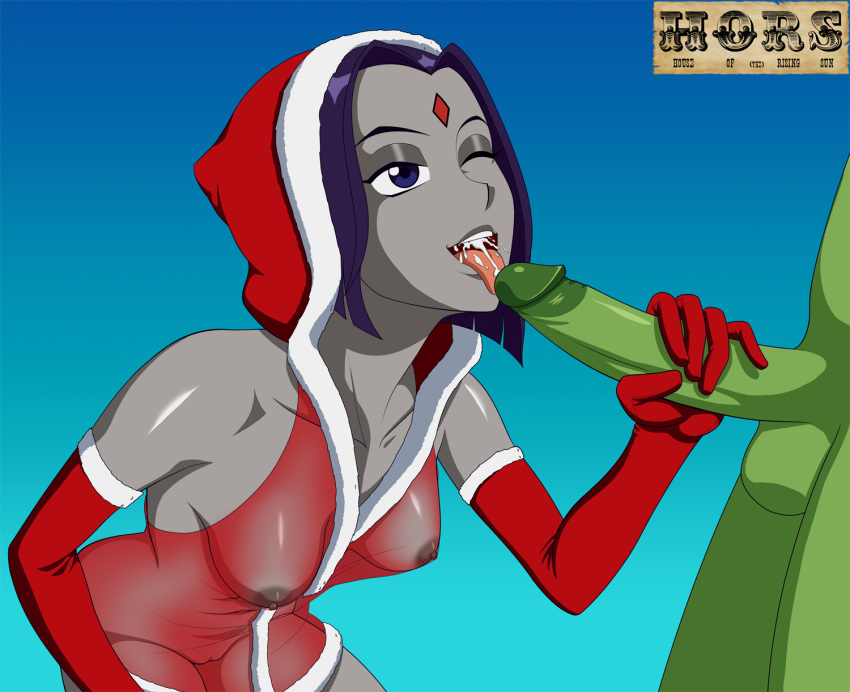 1boy beast_boy christmas cum cum_in_mouth dc dc_comics female green_skin grey_skin hors-art licking one_eye_closed penis purple_eyes purple_hair rachel_roth raven_(dc) santa_hat smile teen_titans