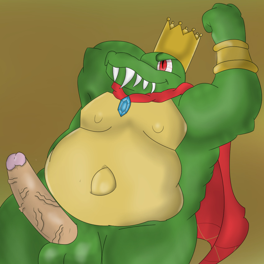 balls big big_penis cape chubby crown donkey_kong_(series) flexing helixdrawsstuff huge_cock k_rool looking_away male male_only musclegut muscles muscular muscular_male navel nipples overweight penis red_eyes sharp_teeth smile veiny_penis