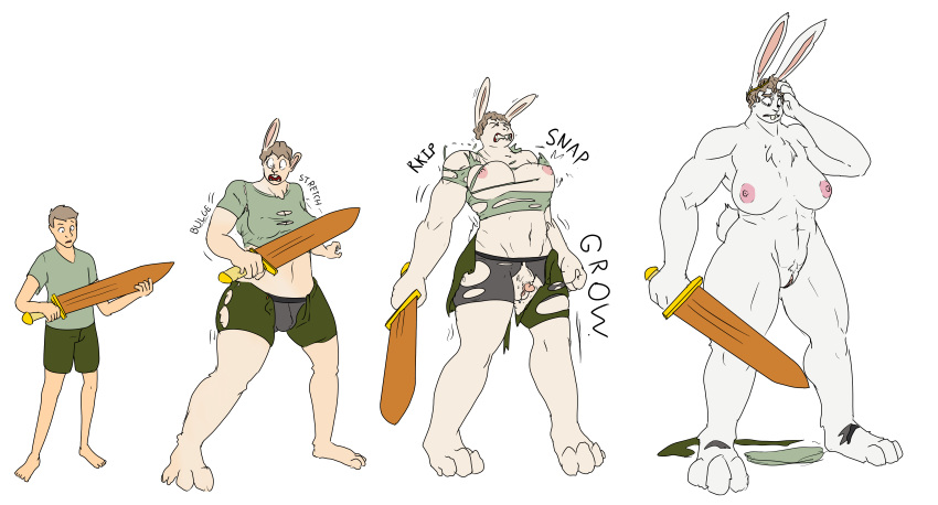 2017 anthro athletic big_breasts breast_growth breasts buckteeth clothed clothing daishiatlas female gender_transformation growth hair human human_to_anthro lagomorph male mammal melee_weapon mtf_transformation muscle_growth nipples nude open_mouth penis prurientpie pussy rabbit sequence short_hair simple_background solo standing sword teeth torn_clothing transformation weapon white_background