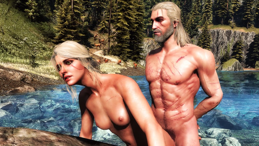 1boy 3d areolae breasts cd_projekt_red ciri doggy_style female geralt_of_rivia green_eyes hands_behind_back looking_at_partner nipples scar standing the_witcher the_witcher_(series) the_witcher_2 the_witcher_3:_wild_hunt white_hair xpsfm yellow_eyes