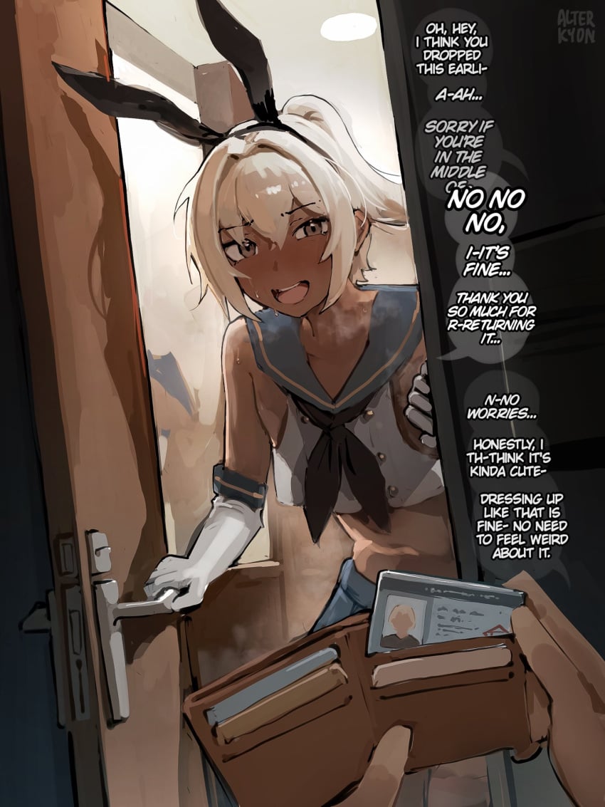 alterkyon doorway english_dialogue english_text femboy hidden_sex male male_only original pov shimakaze_(kantai_collection)_(cosplay) standing_in_doorway sweat sweating tanned_skin white_hair